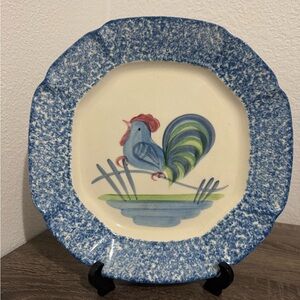 Vintage Blue Speckled Rooster Plate.